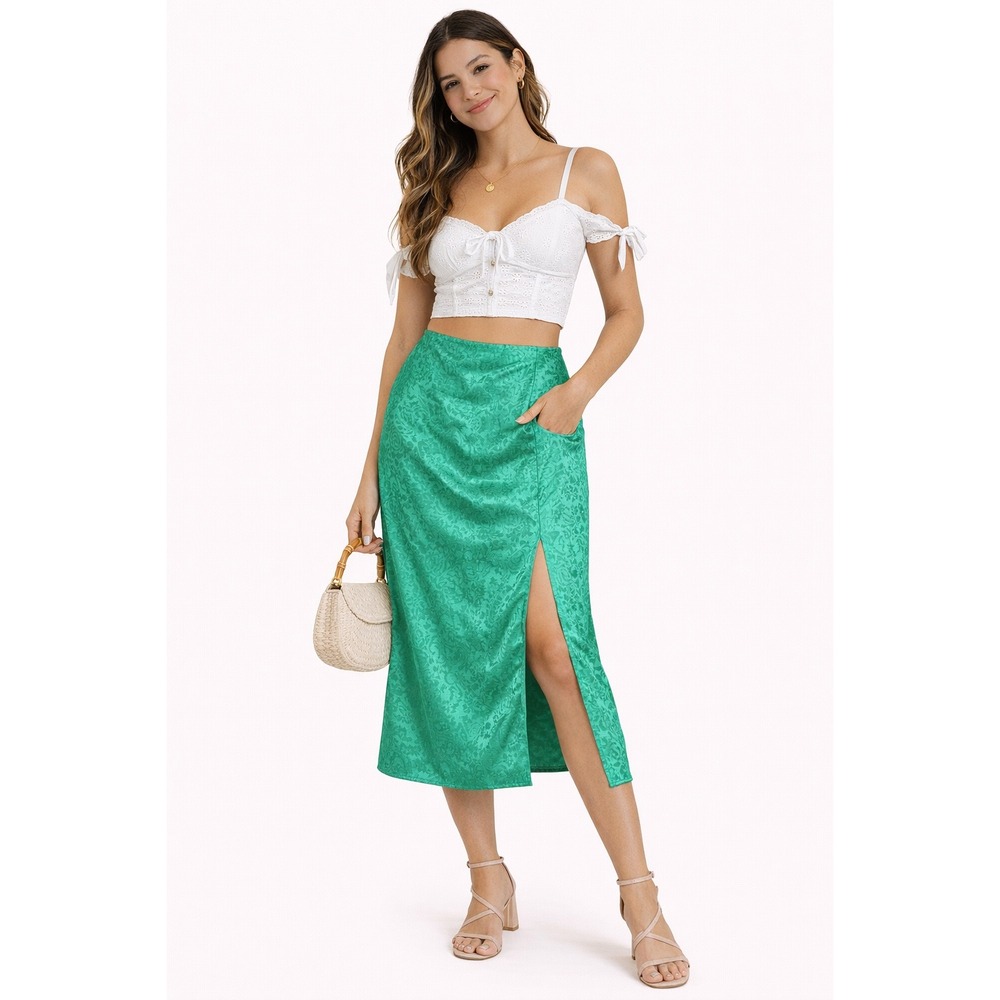 Nasty Gal Midi Skirt Womens 8‎ Green Satin Floral Jacquard High Slit Cocktail